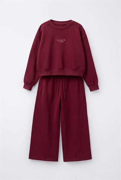 Kız Çocuk Pamuklu Bordo Sweatshirt ve Bol Paça Pantolon Takımı