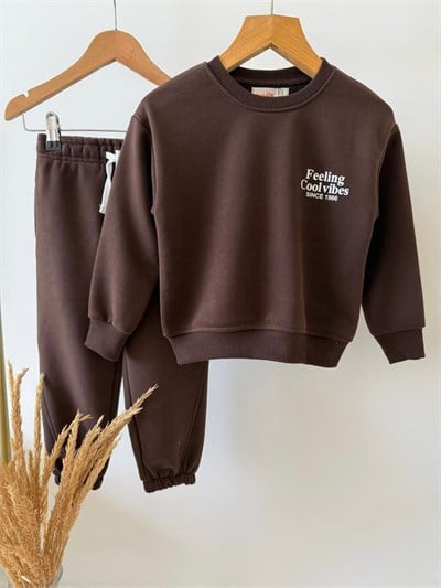 Çocuk Cool Vibes Baskılı Kahverengi Sweatshirt ve Eşofman Altı Takımı