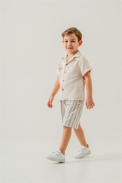 Erkek Çocuk Pamuklu Müslin Kumaş Gömlek ve Çizgili Şort İkili Takım 