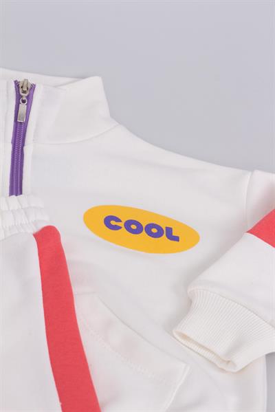 Unisex Çocuk Pamuklu Beyaz Pembe Cool Yazılı Zip Eşofman Takımı