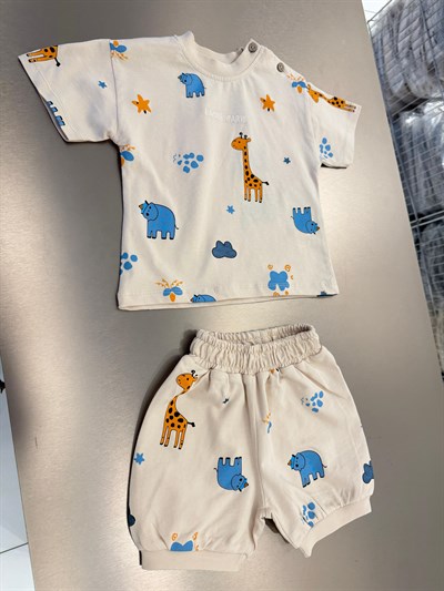 Unisex Çocuk Pamuklu Ekru Safari Hayvan Desenli Tişört Şort Takım