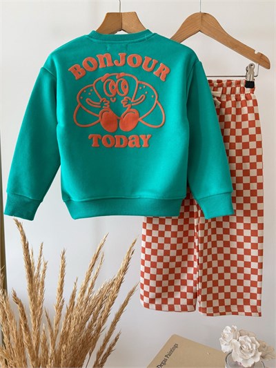 Çocuk Bonjour Baskılı Turkuaz Sweatshirt ve Turuncu Dama Eşofman Takımı