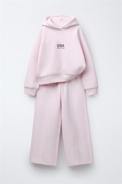 Kız Çocuk Pamuklu Pudra Kapüşonlu Sweatshirt ve Geniş Paça Eşofman Takım – Minimal Rahat Tarz