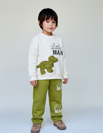 Erkek Çocuk Pamuklu Yeşil Little Man Dinazor Baskılı Eşofman Takımı - Rahat Kalıp Model