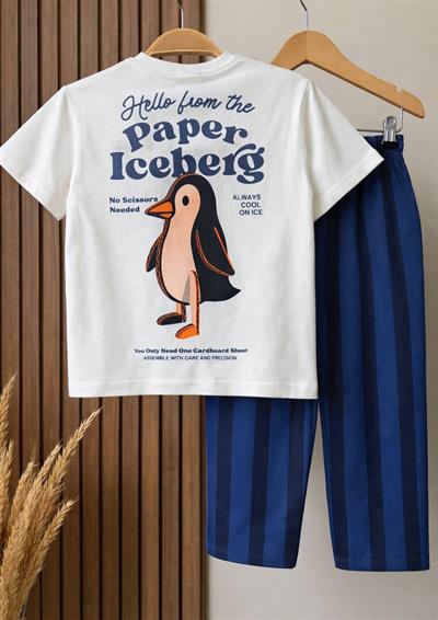 Çocuk Pamuklu Beyaz Baskılı T-Shirt ve Lacivert Pantolon Takım