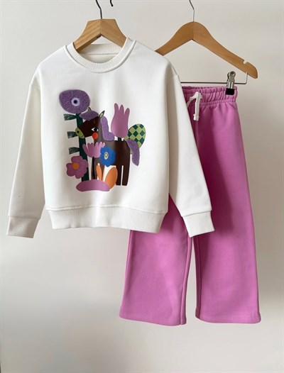 Kız Çocuk At Figürlü Ekru Sweatshirt ve Lila Eşofman Takımı