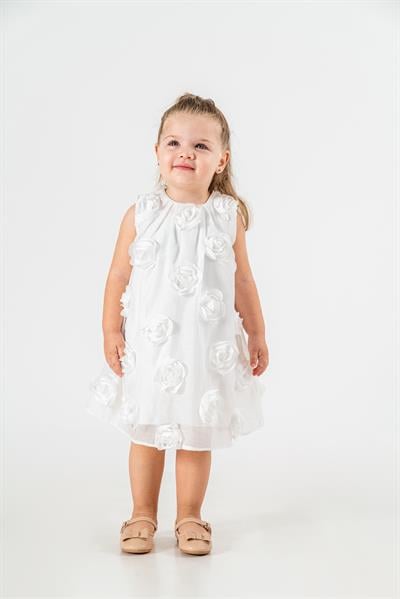 Beyaz 3D Gül Detaylı Kız Çocuk Elbisesi – Kolsuz, Pamuklu, Özel Günlük