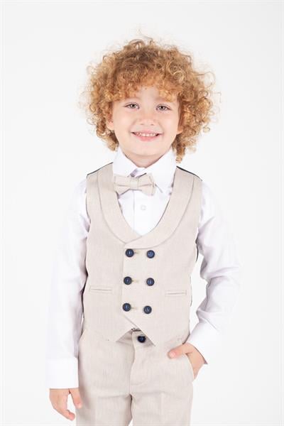 Krem Çocuk Takım Elbise Şık Tasarım Papyonlu Yelekli Ceketli Smokin