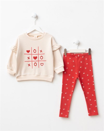 Kız Çocuk Pamuklu Kalp Baskılı Ekru Sweatshirt ve Kırmızı Tayt Takımı