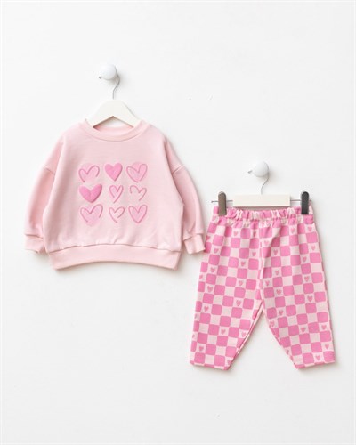 Kız Çocuk Kalp Baskılı Pembe Sweatshirt ve Kare Desenli Eşofman Takımı