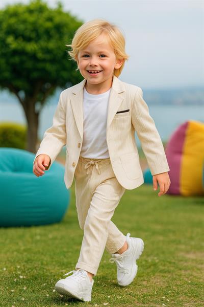 Erkek Çocuk Ekru Çizgili Blazer Ceket Pantolon ve T Shirt Takım