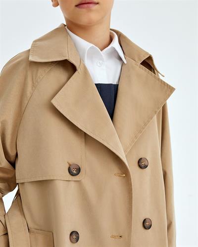 Kız Çocuk Pamuklu Bej Trençkot Mont - Kuşaklı Cepli Dış Giyim