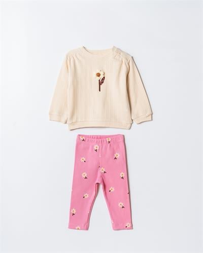 Kız Çocuk Pamuklu Krem Sweatshirt ve Pembe Çiçek Desenli Tayt İkili Takım