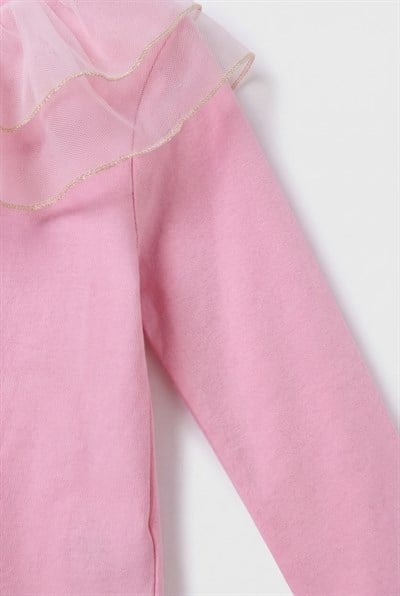 Kız Çocuk Pamuklu Pembe Tül Volan Yaka Bluz - Gold Şerit Detaylı