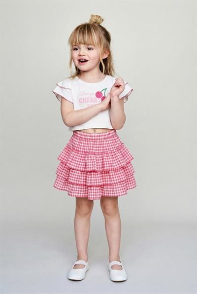 Kız Çocuk Pamuklu Ekru Kiraz Baskılı T-Shirt ve Pembe Pötikare Etek Takım