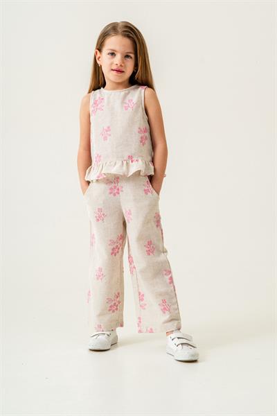 Kız Çocuk Ekru Çiçek Desenli Poplin Keten Bluz ve Pantolon Takımı
