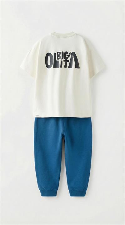 Erkek Çocuk Pamuklu Beyaz Baskılı T-Shirt ve Mavi Eşofman Altı 2li Takım