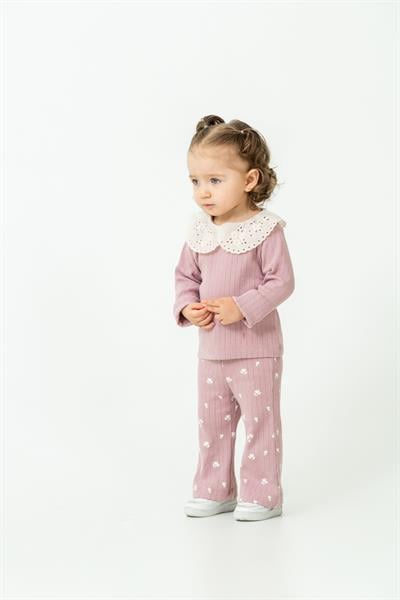 Kız Çocuk Pamuklu Lila Dantel Yaka Sweatshirt ve Çiçek Desenli Tayt İkili Takım