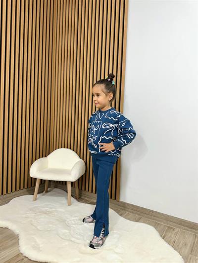 Kız Çocuk Pamuklu Lacivert Fiyonk Desenli Sweatshirt ve Volan Paça Eşofman Takımı