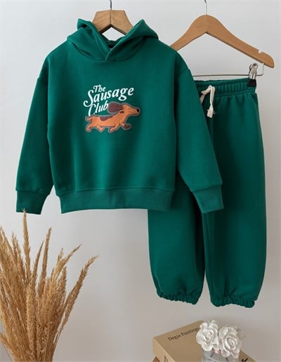 Çocuk Pamuklu Köpek Baskılı Yeşil Kapüşonlu Sweatshirt ve Eşofman Altı Takımı