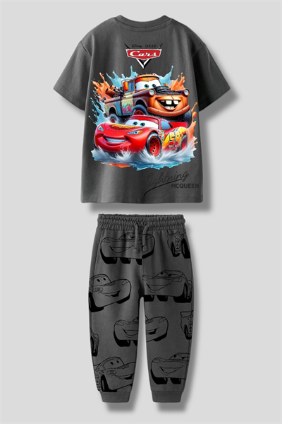 Erkek Çocuk Pamuklu Antrasit Cars Temalı Takım - Lightning Baskılı Eşofman Altı