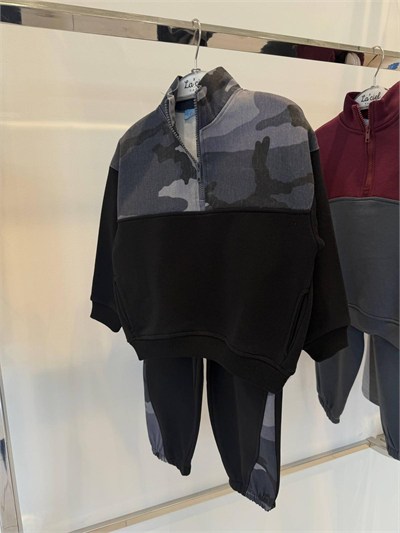 Erkek Çocuk Pamuklu Siyah Kamuflaj Detaylı Yarım Fermuarlı Sweatshirt ve Eşofman Altı Takımı