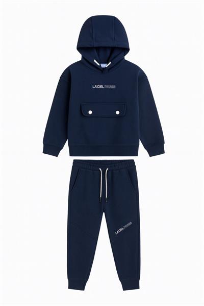 Erkek Çocuk Pamuklu Lacivert Kapüşonlu Baskılı Eşofman Takımı