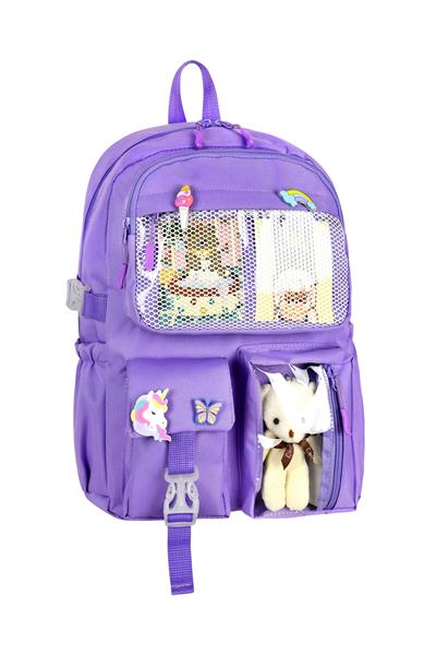 Kız Çocuk Mor Unicorn ve Peluş Oyuncaklı Okul Çantası - Şeffaf Cepli
