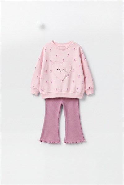 Kız Çocuk Kalp Detaylı Pembe Sweatshirt ve İspanyol Paça Tayt Takımı
