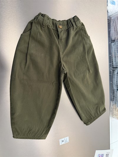 Unisex Çocuk Pamuklu Haki Cepli Pantolon - Lastikli Bel Rahat Kalıp