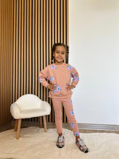 Kız Çocuk Pamuklu Somon Çiçek Desenli Sweatshirt ve Tayt Eşofman Takım
