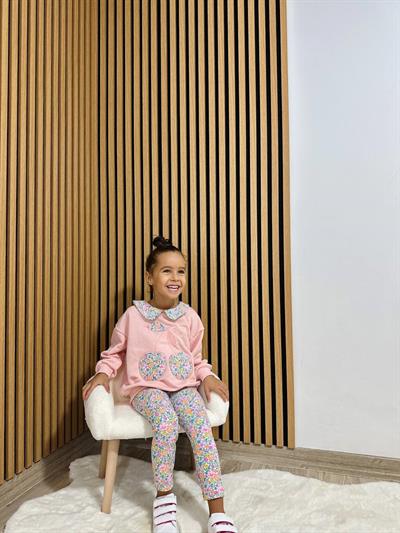 Kız Çocuk Pamuklu Pembe Kiraz Nakışlı Sweatshirt Çiçek Desenli Pantolon Takım