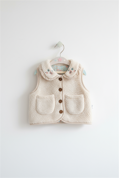 Kız Çocuk Krem Peluş Cepli Düğmeli Yelek – Nakışlı Yaka Detaylı