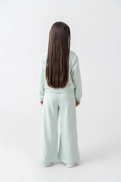 Kız Çocuk Pamuklu Mint Yeşil Çiçek Nakışlı Sweatshirt ve Eşofman Takım