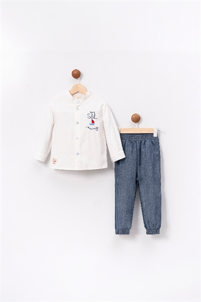 Erkek Çocuk Denizci Nakışlı Gömlek ve Pantolon Takımı – 2li Set, Pamuklu ve Rahat