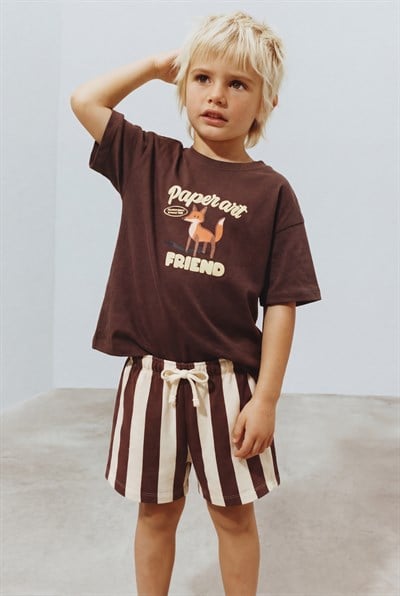 Unisex Çocuk Pamuklu Kahverengi Tilki Baskılı T-Shirt Şort Takım