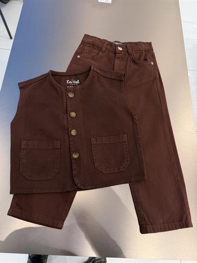 Erkek Çocuk Pamuklu Kahverengi Yelek Pantolon Takım - Düğmeli Cepli Şık Set
