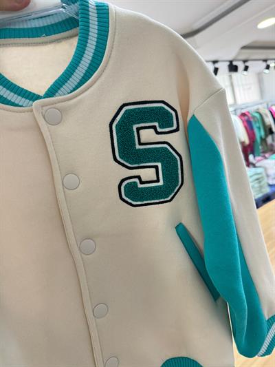 Unisex Çocuk Pamuklu Beyaz Turkuaz Kolej Ceket - Harf Aplikeli Bomber Mont