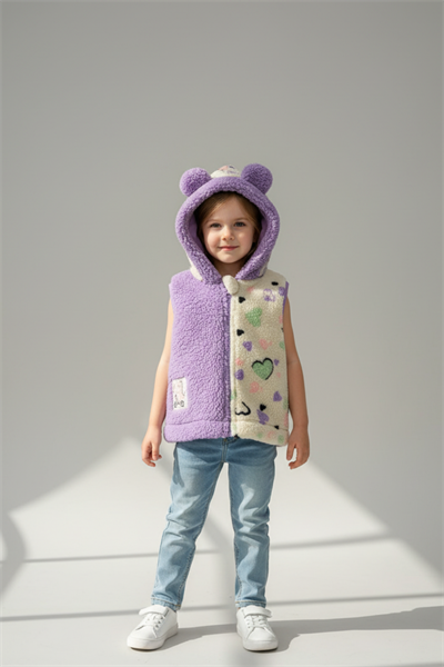 Kız Çocuk Pamuklu Lila Kalpli Peluş Kulaklı Kapüşonlu Yelek - Yumuşak Dokulu