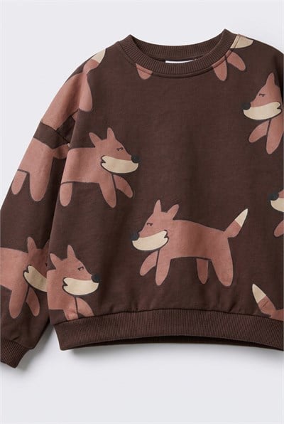 Çocuk Pamuklu Tilki Desenli Kahverengi Sweatshirt ve Eşofman Altı Takımı