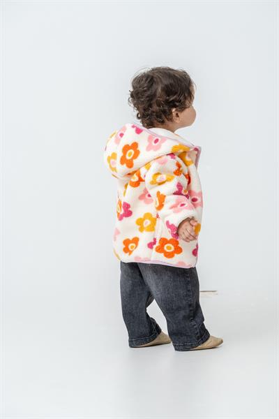 Çocuk Pamuklu Çiçek Desenli Kapüşonlu Fermuarlı Mont - Renkli Polar Dış Giyim