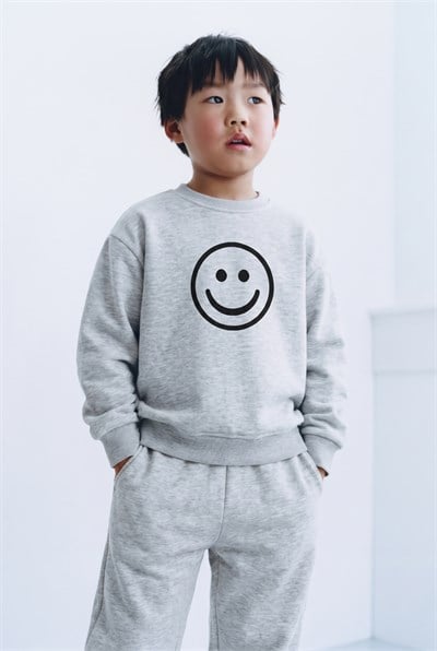 Çocuk Pamuklu Baskılı Gri Sweatshirt ve Eşofman Altı Takımı