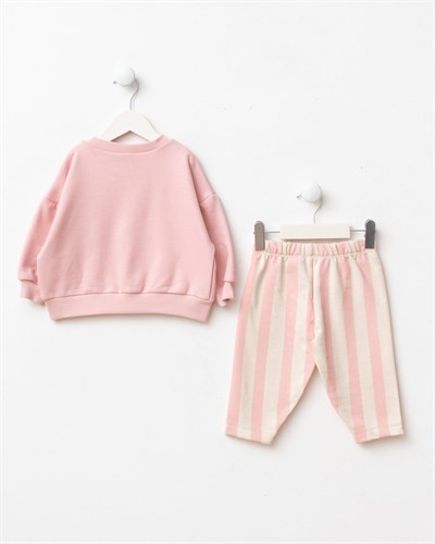 Kız Çocuk Pamuklu Kiraz Baskılı Pembe Sweatshirt ve Çizgili Pantolon Takımı