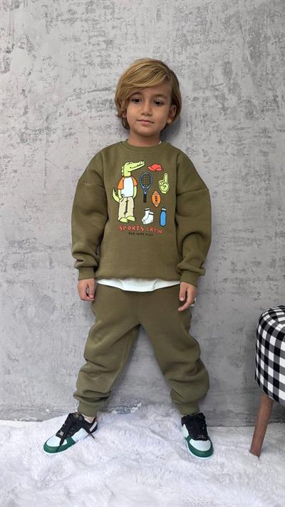 Erkek Çocuk Pamuklu Haki Timsah Baskılı Sweatshirt ve Eşofman Altı Takım - Spor Tarz Rahat Kesim