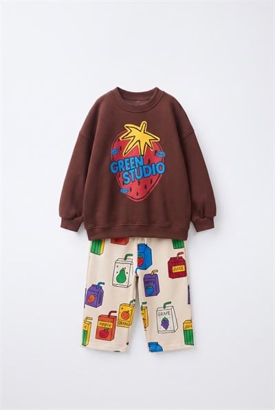 Çocuk Baskılı Kahverengi Sweatshirt ve Eşofman Takımı