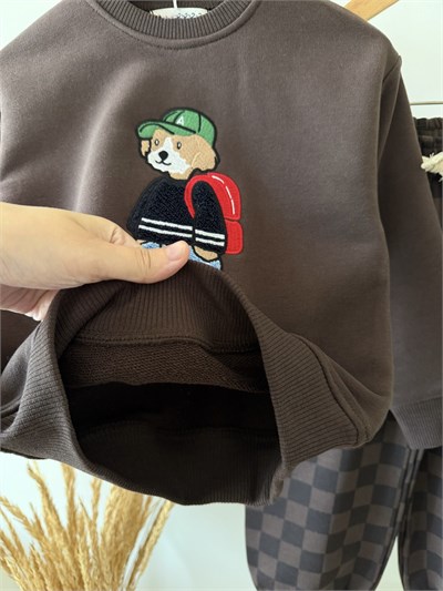 Çocuk Ayıcık Nakışlı Kahverengi Sweatshirt ve Dama Desenli Eşofman Altı Takım