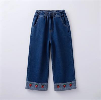 Kız Çocuk Pamuklu Mavi Çilek Nakışlı Jean Pantolon - Lastik Belli Bol Paça Model