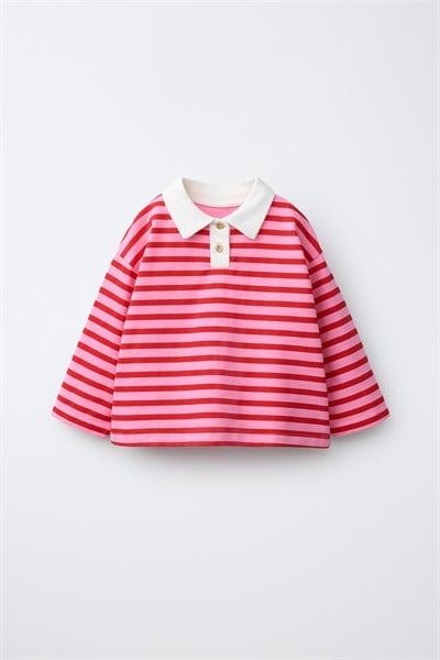 Kız Çocuk Pamuklu Polo Yaka Pembe Çizgili Sweatshirt