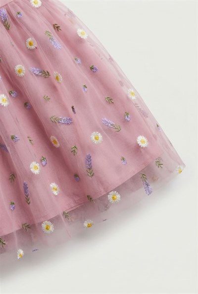 Kız Çocuk Pamuklu Pembe Çiçek Nakışlı Tül Elbise