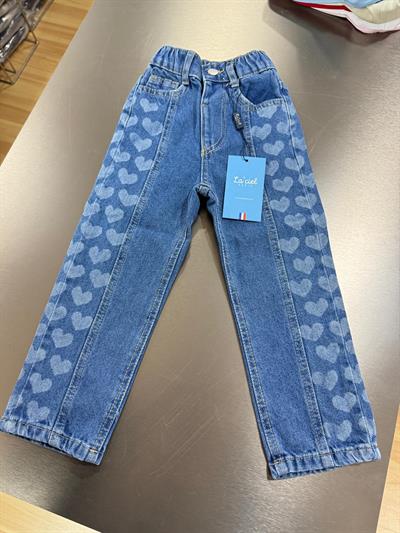 Kız Çocuk Mavi Kalp Desenli Denim Pantolon